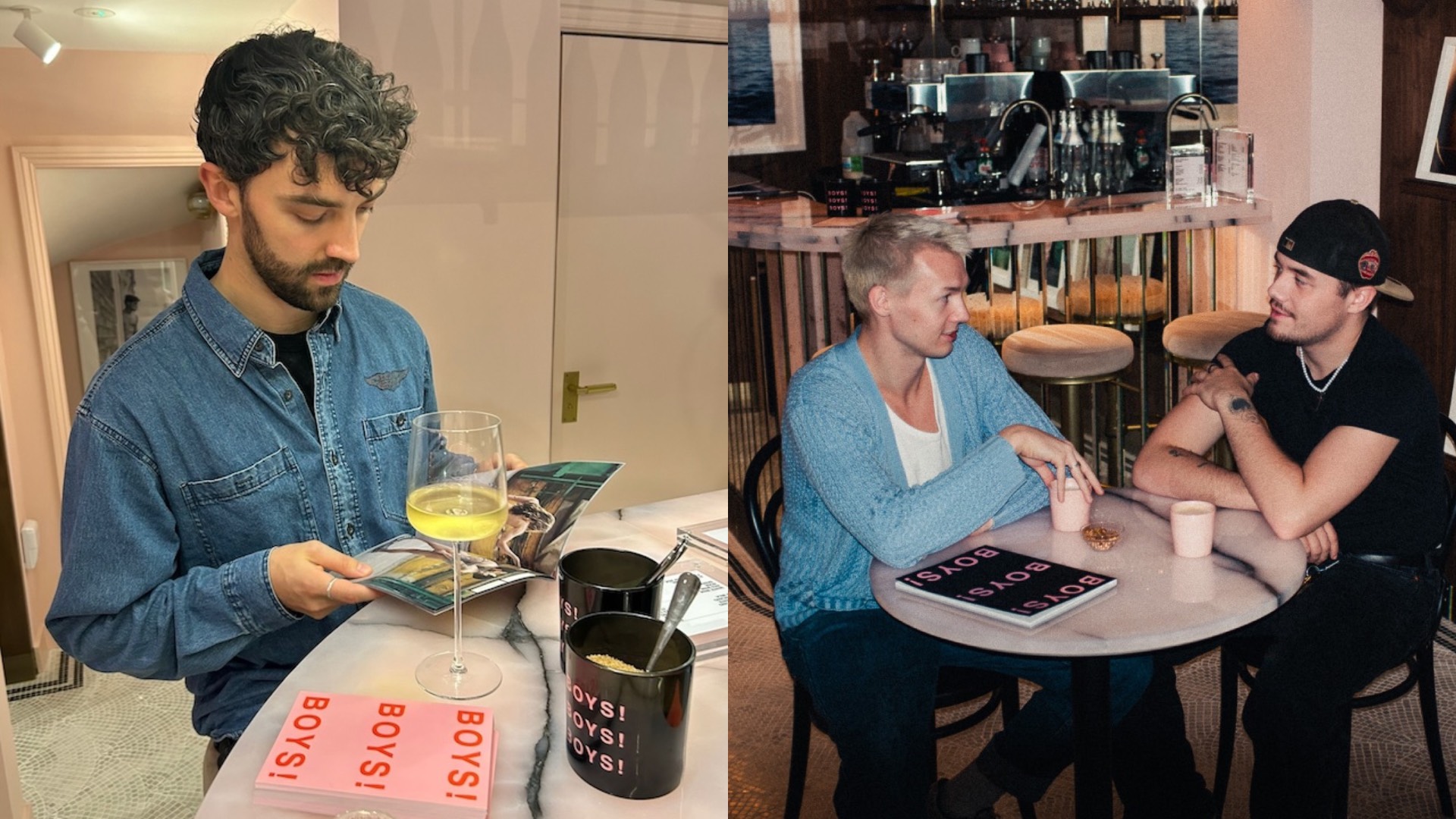 a composite of two images, one showing a visitor looking at a magazine, and the other showing two people sitting having a coffee