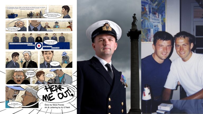 Hear Me Out! - Art by AJ O'Neill [left], telling the story of Lieutenant Commander Craig Jones [centre], MBE, also pictured with his partner in the 90s [right] (Images: Provided)