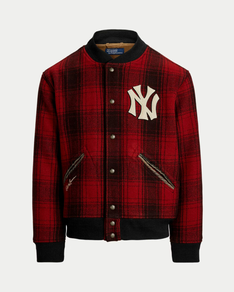 Red and black plaid bomber jacket with Yankees and Ralph Lauren embroidery 