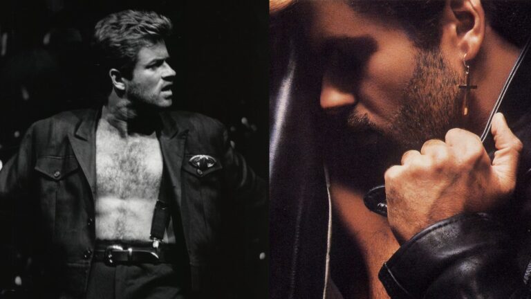 George Michael on stage on the left with jacket undone showing chest, and right, a crop of the Faith album cover