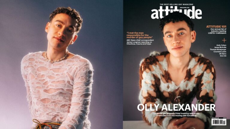 a composite of images of Olly, including a shot of him in a white see-through top, and right, his attitude cover (Image: El Hardwick)