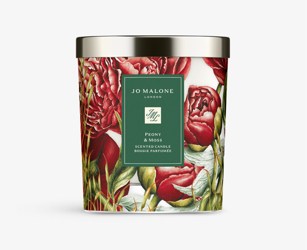 Jo Malone peony and moss candle with decorative, floral glass design 