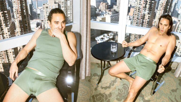 Two pictures of a model in the range sitting before floor to ceiling windows and a cityscape