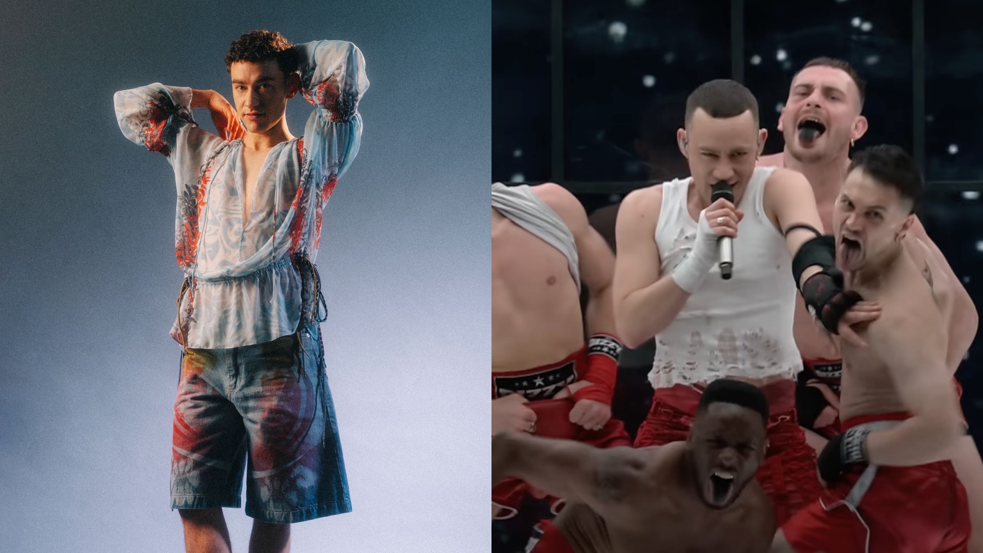 Olly Alexander in his Attitude shoot, and right, at Eurovision (Images: Attitude/YouTube)