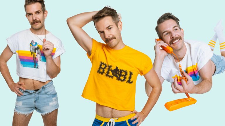 Three images of a man with a moustache posing in colourful outfits, including a crop top, denim shorts, and a yellow T-shirt