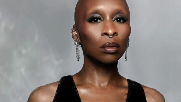 Close crop of Cynthia Erivo wearing a black gown