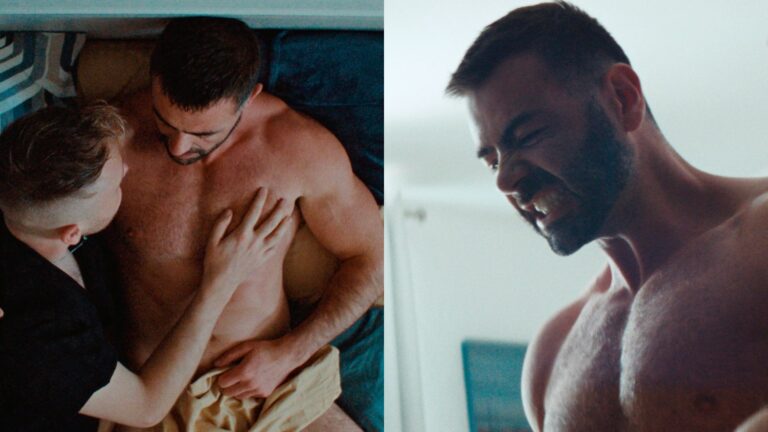 Composite image - first image shows two men embracing in bed and the second image shows a shirtless man close up with a passionate look on his face