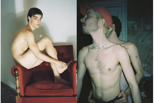 two pics from the book: a person sat naked on a chair, and two topless people in a club