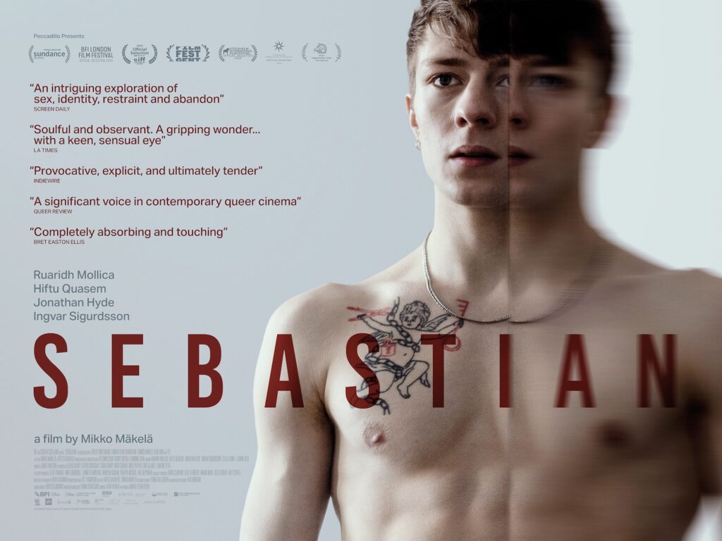 the Sebastian movie poster, featuring the lead actor topless against a grey background