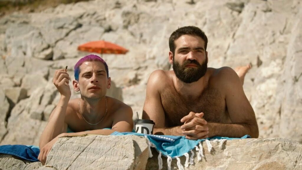 Actors Andreas Labropoulos and Yorgos Tsiantoulas on the nudist beach in The Summer of Carmen