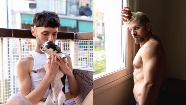 Nicolas P and Damian G pose in the new issue of Elska - left, sat on a balcony with a dog, and right, before a window, topless