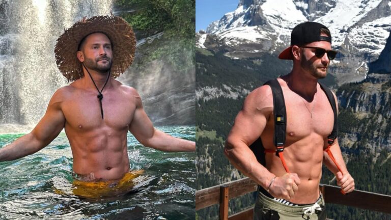 A composite of images of Garrett Bruno, one of him in a hat surrounded by water, and on the right, with a mountain scene in the background